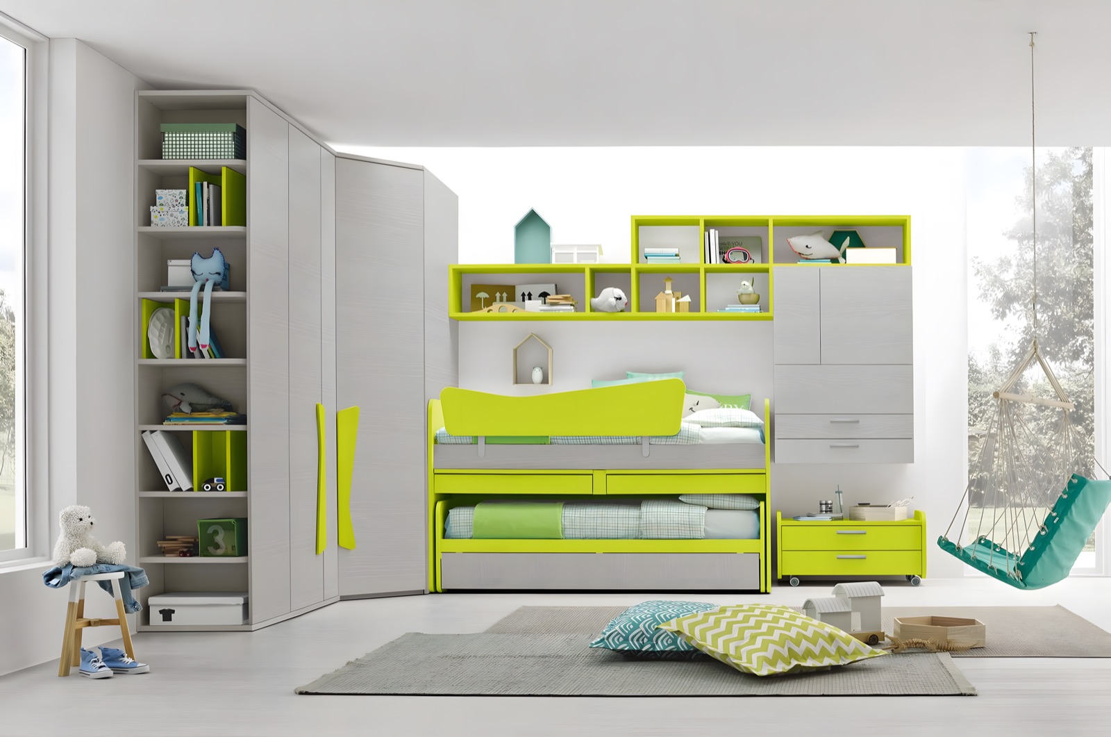 Cameretta con letto estraibile, armadio angolare e libreria