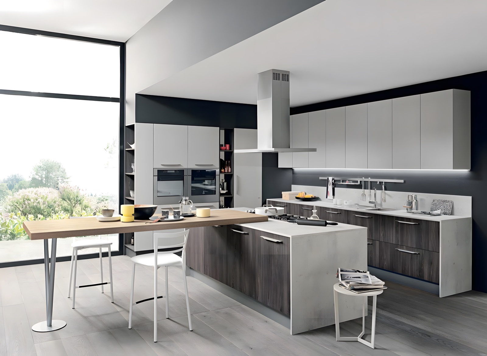 Cucina con isola in legno scuro, piano effetto pietra e penisola snack