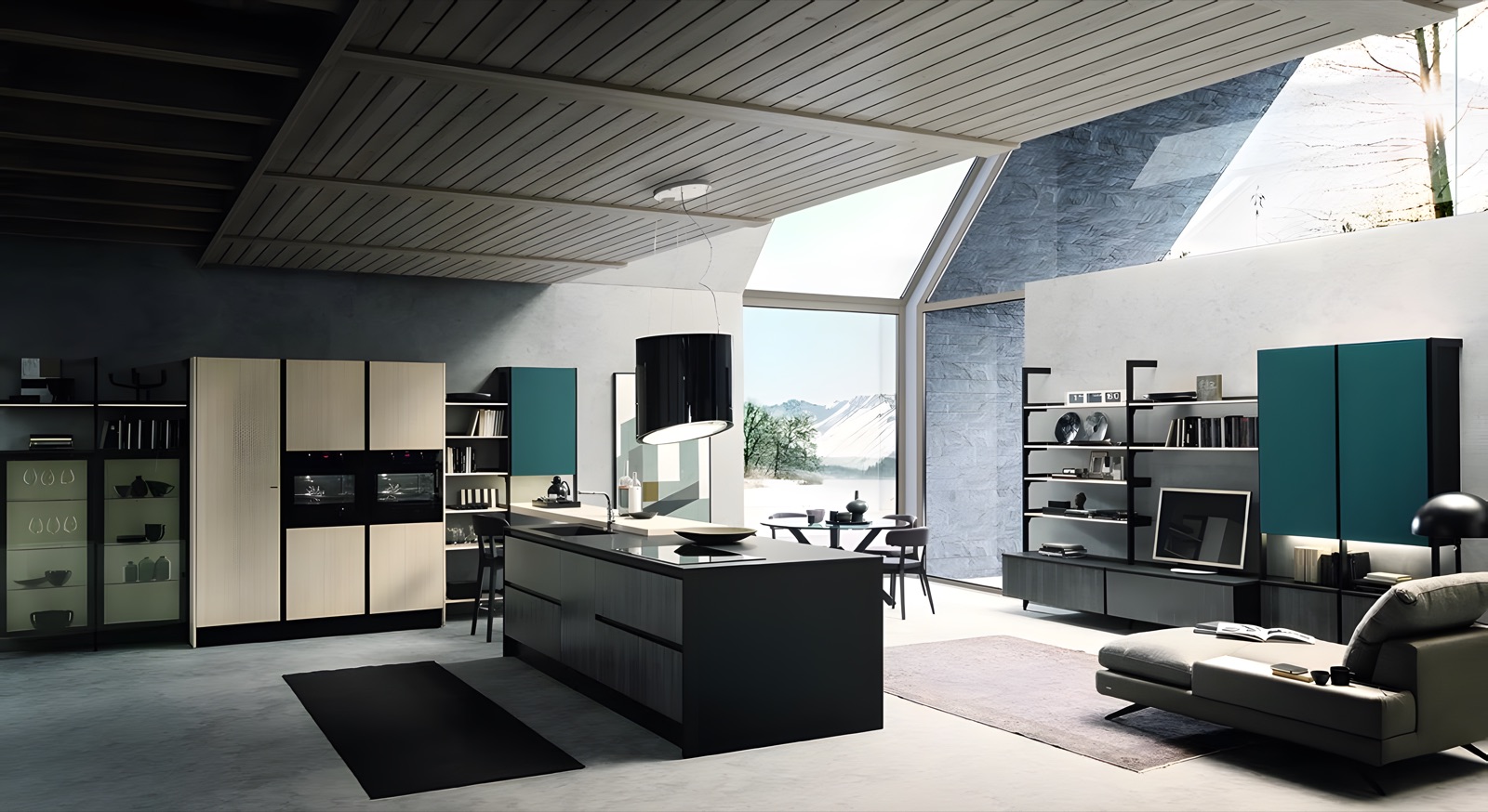 Cucina open space con isola scura aperta sul soggiorno