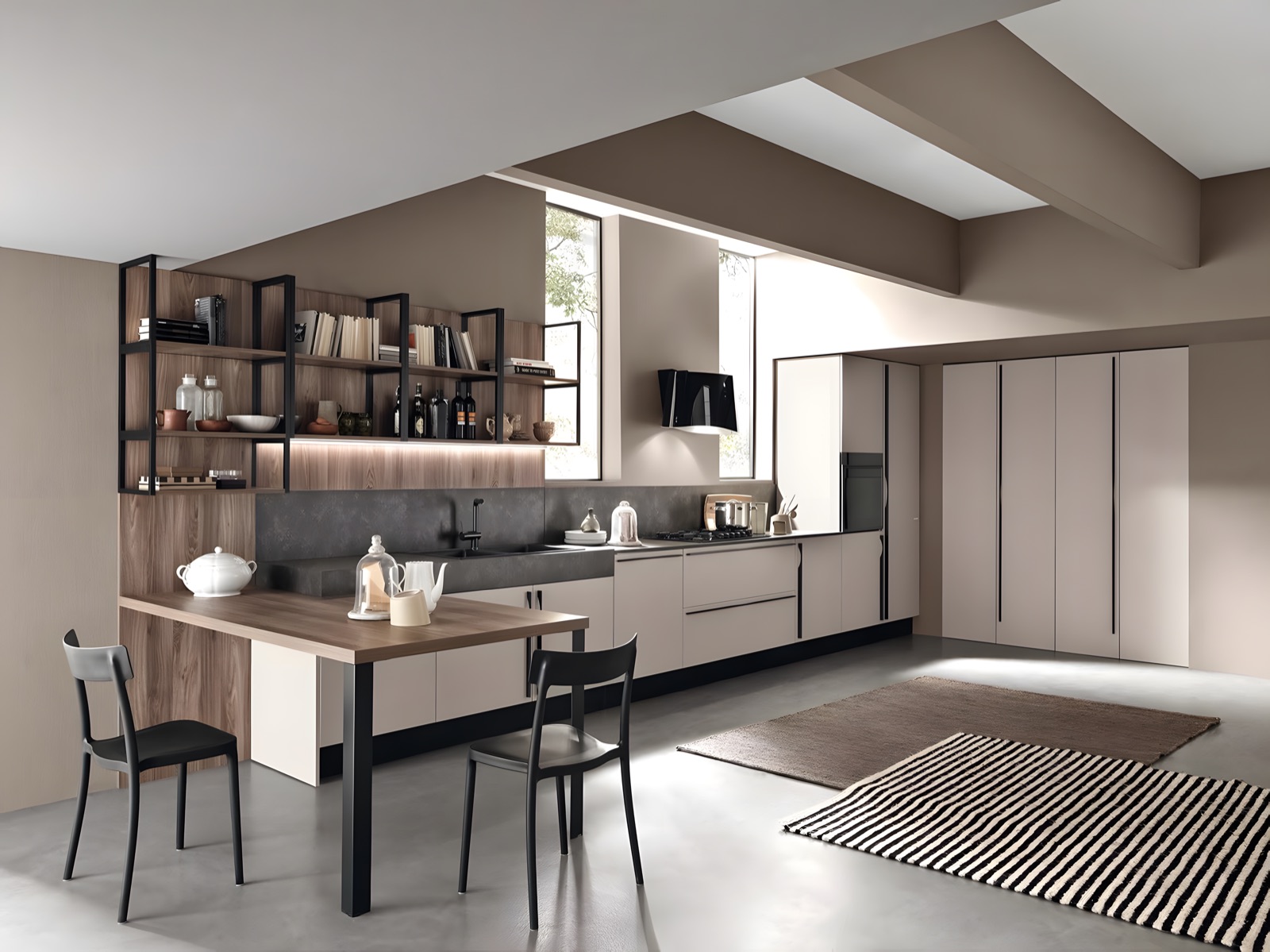 Cucina tortora con penisola in legno e libreria metallica
